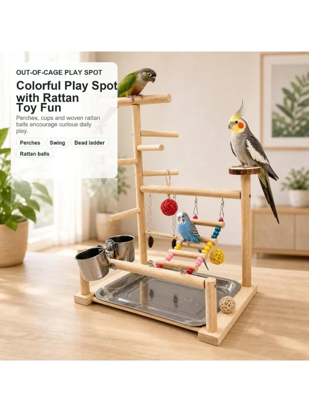 Natural Wood Bird Playground Stand with Ladder, Swing, Food & Water Bowls for